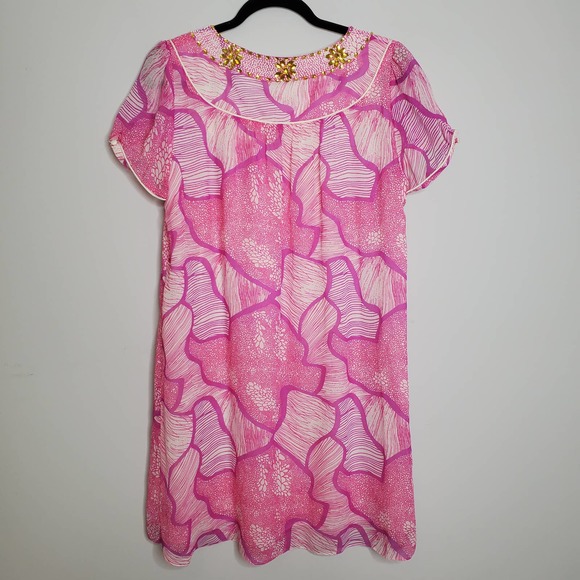 CALYPSO CHRISTIANE CELLE Pink Embellished Short Sleeve Silk Mini Dress Sz S/M - Picture 7 of 7